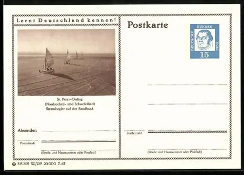 AK St. Peter-Ording, Strandsegler auf der Sandbank, Ganzsache Lernt Deutschland kennen