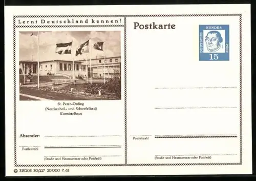 AK St. Peter-Ording, Kurmittelhaus, Ganzsache Lernt Deutschland kennen