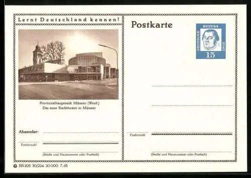 AK Münster /Westf., Das neue Stadttheater, Ganzsache Lernt Deutschland kennen