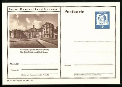 AK Münster, Das Schloss, Universität, Ganzsache Lernt Deutschland kennen