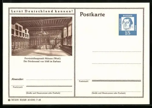 AK Münster, Der Friedenssaal von 1648 im Rathaus, Ganzsache Lernt Deutschland kennen