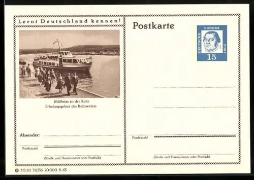 AK Mülheim an der Ruhr, Dampfer am Anleger, Ganzsache Lernt Deutschland kennen