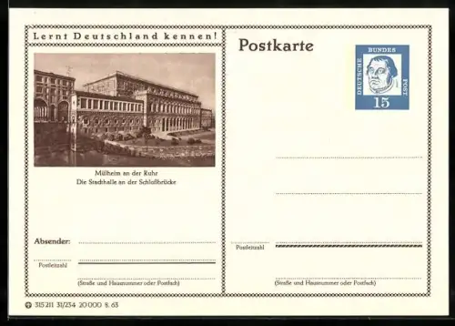 AK Mühlheim an der Ruhr, Die Stadthalle an der Schlossbrücke, Ganzsache Lernt Deutschland kennen