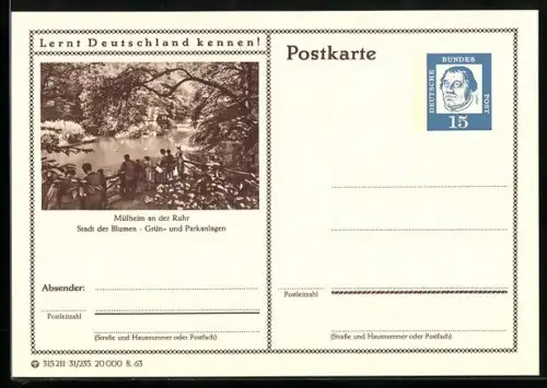 AK Mülheim an der Ruhr, Grün- und Parkanlagen, Ganzsache Lernt Deutschland kennen