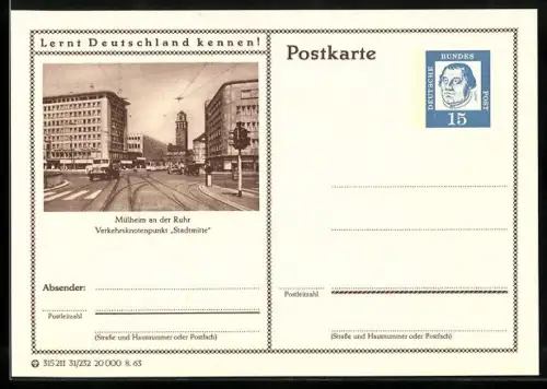 AK Mülheim an der Ruhr, Verkehrsknotenpunkt Stadtmitte, Ganzsache Lernt Deutschland kennen