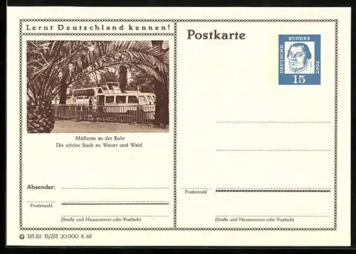 AK Mülheim an der Ruhr, Ausflugsboot am Anleger, Ganzsache Lernt Deutschland kennen