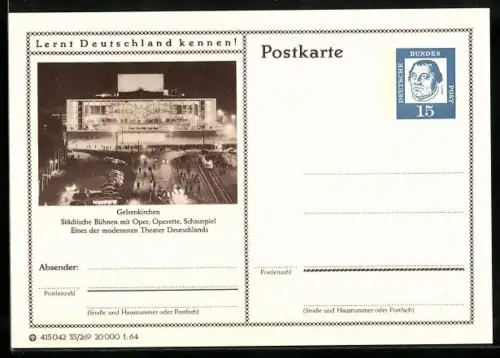 AK Gelsenkirchen, Städtische Bühnen, Ganzsache Lernt Deutschland kennen