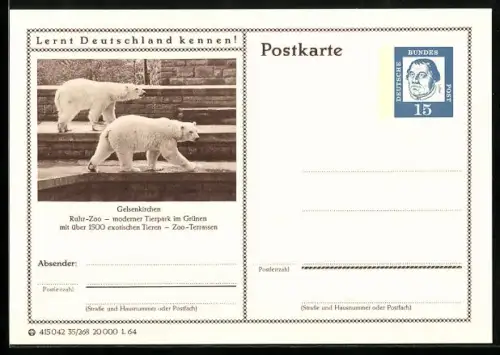 AK Gelsenkirchen, Eisbären im Ruhr-Zoo, Ganzsache Lernt Deutschland kennen