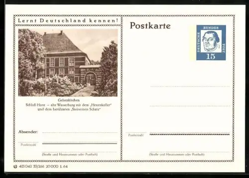 AK Gelsenkirchen, Schloss Horst, Ganzsache Lernt Deutschland kennen