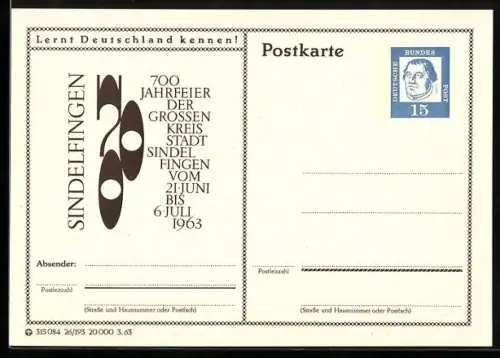 AK Sindelfingen, 700-Jahrfeier 1963, Ganzsache Lernt Deutschland kennen