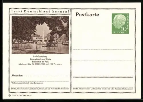 AK Bad Godesberg, Stadthalle im Park, Ganzsache Lernt Deutschland kennen