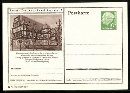 AK Giessen a. d. Lahn, Neues Schloss, Ganzsache Lernt Deutschland kennen