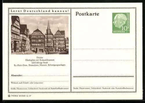 AK Fritzlar, Marktplatz mit Rolandsbrunnen, Ganzsache Lernt Deutschland kennen