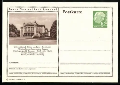 AK Giessen a. d. Lahn, Blick auf das Stadttheater, Ganzsache Lernt Deutschland kennen