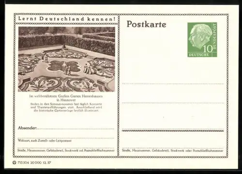 AK Hannover, Herrenhausen, Grosser Garten, Ganzsache Lernt Deutschland kennen