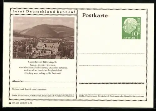 AK Goslar /Harz, Kaiserpfalz mit Ulrichskapelle, Ganzsache Lernt Deutschland kennen