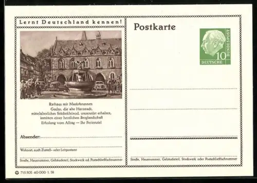 AK Goslar /Harz, Rathaus mit Marktbrunnen, Ganzsache Lernt Deutschland kennen