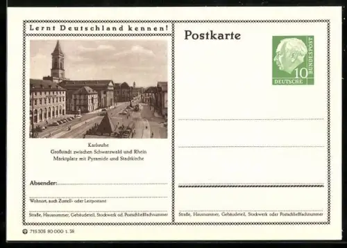 AK Karlsruhe, Marktplatz mit Pyramide und Stadtkirche, Ganzsache Lernt Deutschland kennen