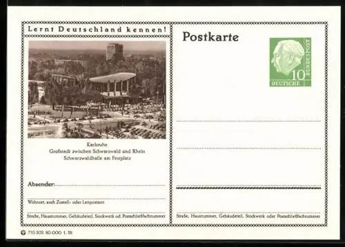 AK Karlsruhe, Schwarzwaldhalle am Festplatz, Ganzsache Lernt Deutschland kennen