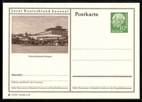 AK Stuttgart, Flugzeug auf dem Verkehrsflughafen, Ganzsache Lernt Deutschland kennen