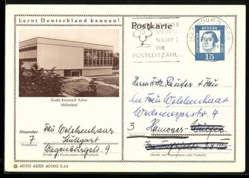 AK Aalen, Blick auf das Hallenbad, Ganzsache Lernt Deutschland kennen