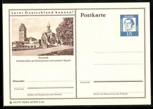 AK Darmstadt, Mathildenhöhe mit Hochzeitsturm und russischer Kapelle, Ganzsache Lernt Deutschland kennen