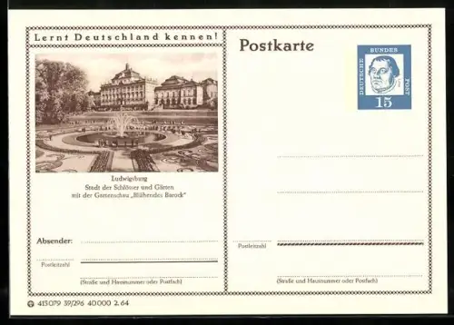 AK Ludwigsburg, Grünanlage mit Springbrunnen, Ganzsache Lernt Deutschland kennen