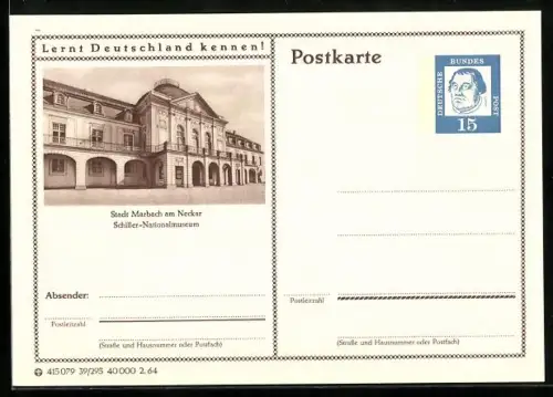 AK Marbach am Necker, Schiller-Nationalmuseum, Ganzsache Lernt Deutschland kennen