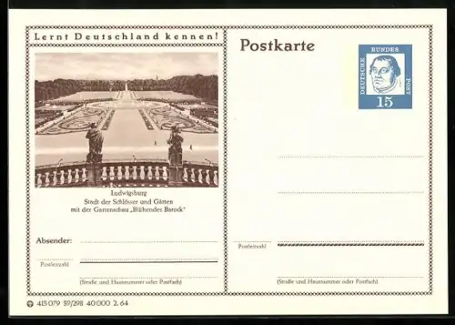 AK Ludwigsburg, Gartenschau Blühendes Barock, Ganzsache Lernt Deutschland kennen