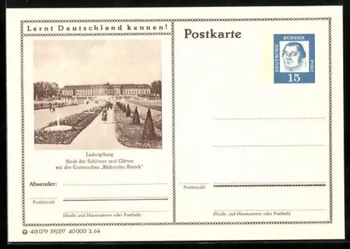 AK Ludwigsburg, Gartenschau Blühendes Barock, Parkanlage, Ganzsache Lernt Deutschland kennen