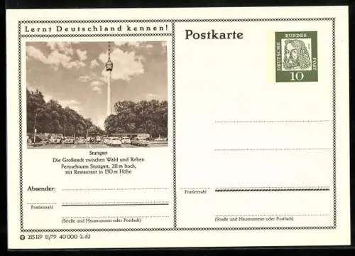 AK Stuttgart, Fernsehturm mit Restaurant, Ganzsache Lernt Deutschland kennen