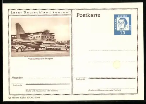 AK Stuttgart, Verkehrs-Flughafen, Ganzsache Lernt Deutschland kennen