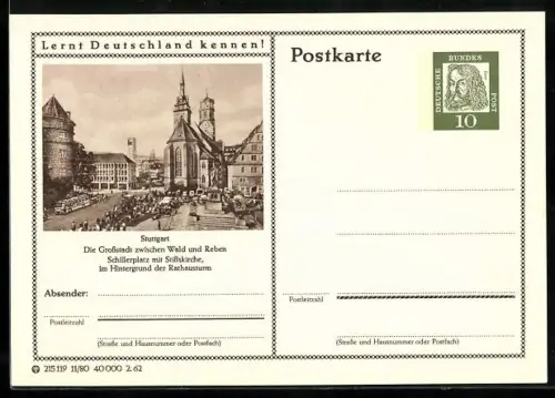 AK Stuttgart, Schillerplatz mit Stiftskirche und Rathausturm, Ganzsache Lernt Deutschland kennen