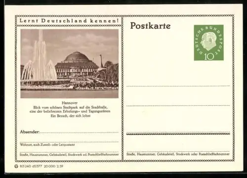 AK Hannover, Blick vom Stadtpark auf die Stadthalle, Ganzsache Lernt Deutschland kennen