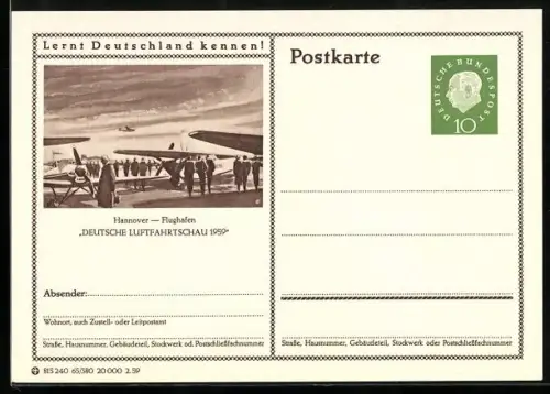 AK Hannover, Deutsche Luftfahrtschau 1959, Ganzsache Lernt Deutschland kennen