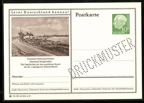 AK Heiligenhafen /Schleswig-Holstein, Familiebad am Strand der Dünenhalbinsel, Ganzsache Lernt Deutschland kennen