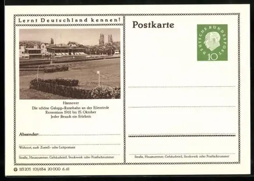 AK Hannover, Galopp-Rennbahn an der Eilenriede, Ganzsache Lernt Deutschland kennen