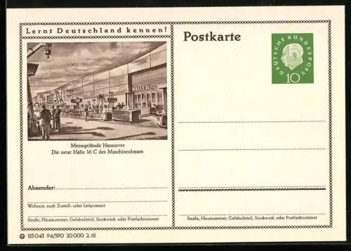 AK Hannover, Messegelände, Halle 16C, Ganzsache Lernt Deutschland kennen