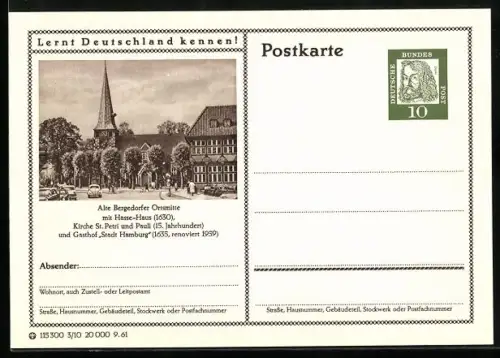 AK Bergedorf, Gasthof Stadt Hamburg, Kirche St. Petri und Pauli, Hasse-Haus, Ganzsache Lernt Deutschland kennen