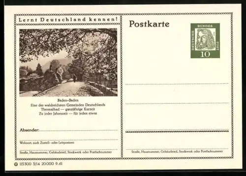 AK Baden-Baden, Thermalbad, Spaziergänger auf einem Weg, Ganzsache Lernt Deutschland kennen