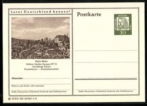 AK Baden-Baden, Blick auf den Ort, Ganzsache Lernt Deutschland kennen