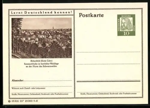 AK Birkenfeld /Calw, Panorama des Ortes, Ganzsache Lernt Deutschland kennen