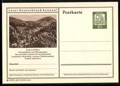 AK Zorge im Südharz, Ortsansicht aus der Vogelschau, Ganzsache Lernt Deutschland kennen