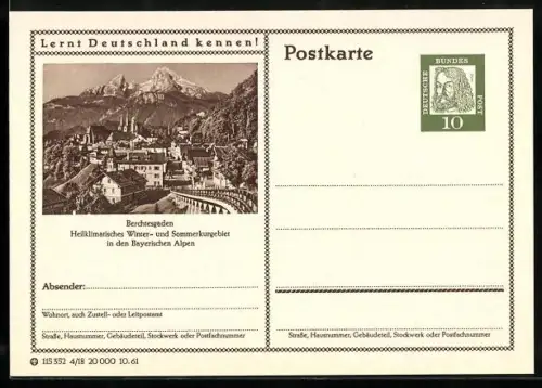 AK Berchtesgaden /Bayerische Alpen, Blick in den Ort, Ganzsache Lernt Deutschland kennen