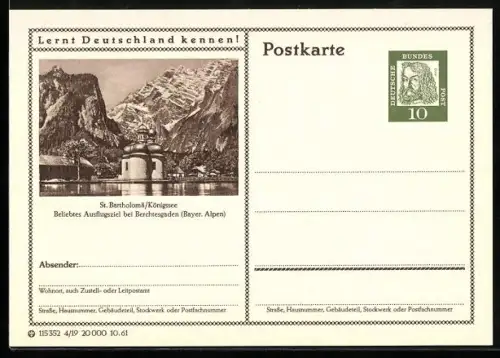 AK St. Bartholomä /Königsee, Partie am See, Ganzsache Lernt Deutschland kennen