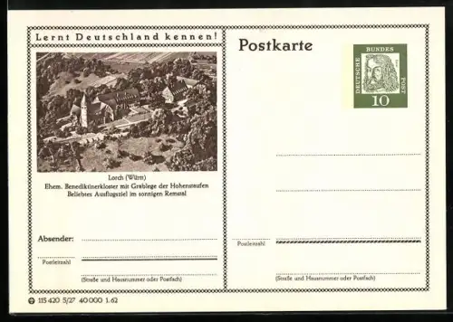 AK Lorch /Württ., Ehem. Benediktinerkloster aus der Vogelschau, Ganzsache