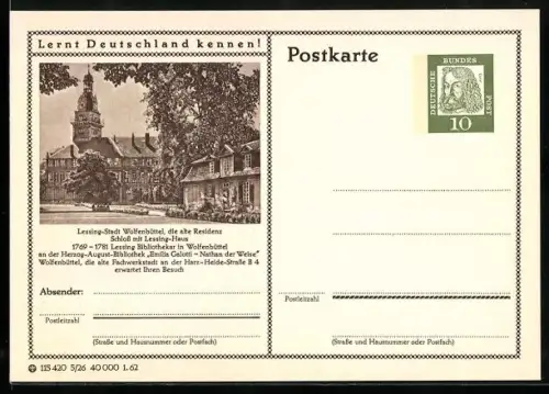 AK Wolfenbüttel, Schloss mit Lessing-Haus, Ganzsache Lernt Deutschland kennen