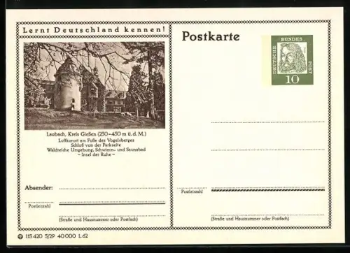 AK Laubach /Giessen, Schloss von der Parkseite, Ganzsache Lernt Deutschland kennen