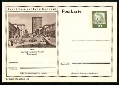 AK Kassel, Blick in die Treppenstrasse, Ganzsache Lernt Deutschland kennen