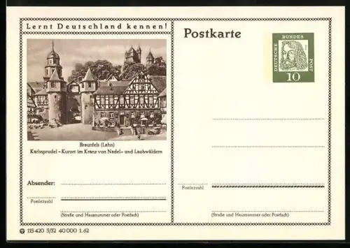 AK Braunfels /Lahn, Fachwerkhaus im Ort, Ganzsache Lernt Deutschland kennen